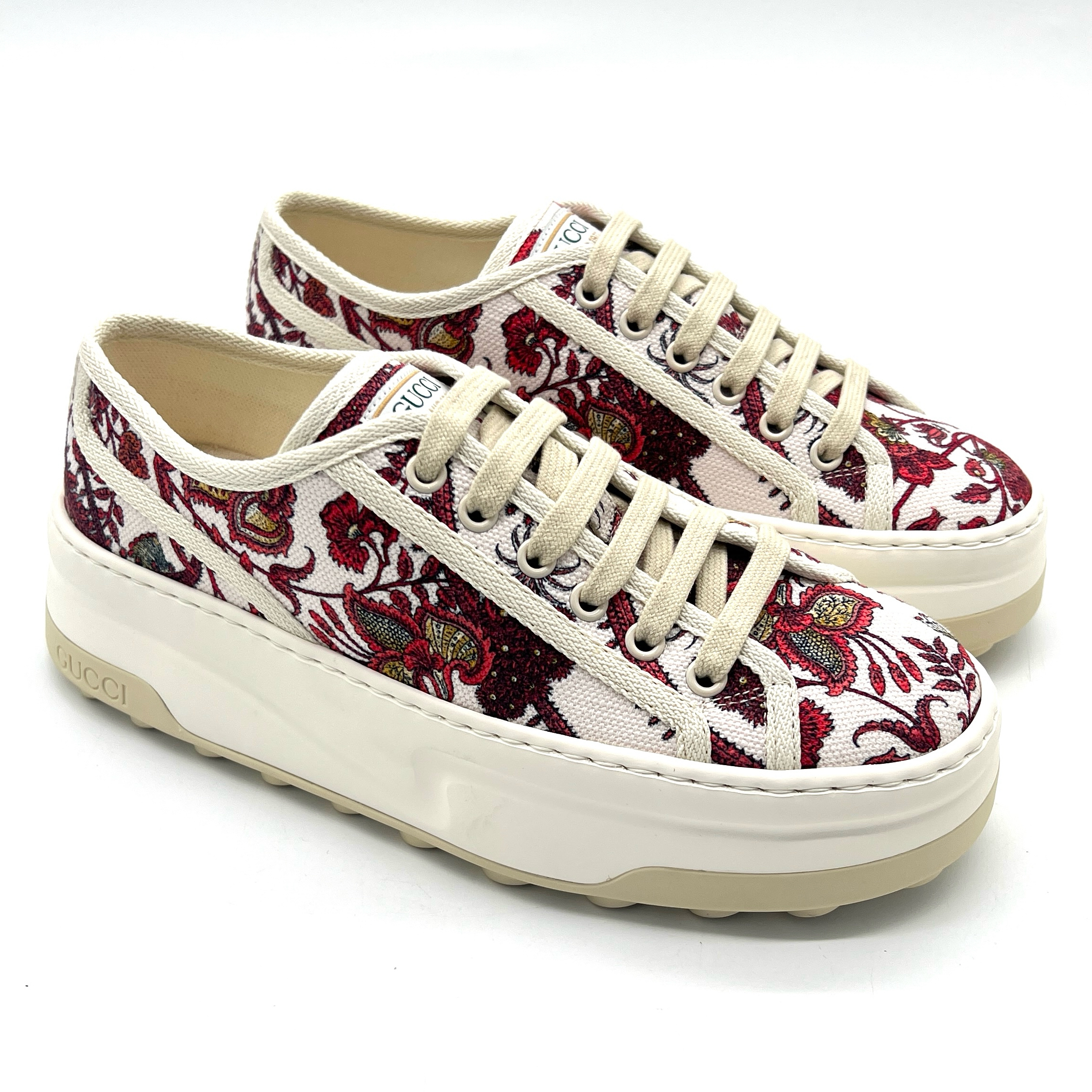 未使用 GUCCI/古驰 1977多色彩满印花卉帆布百搭时尚厚底板鞋37码