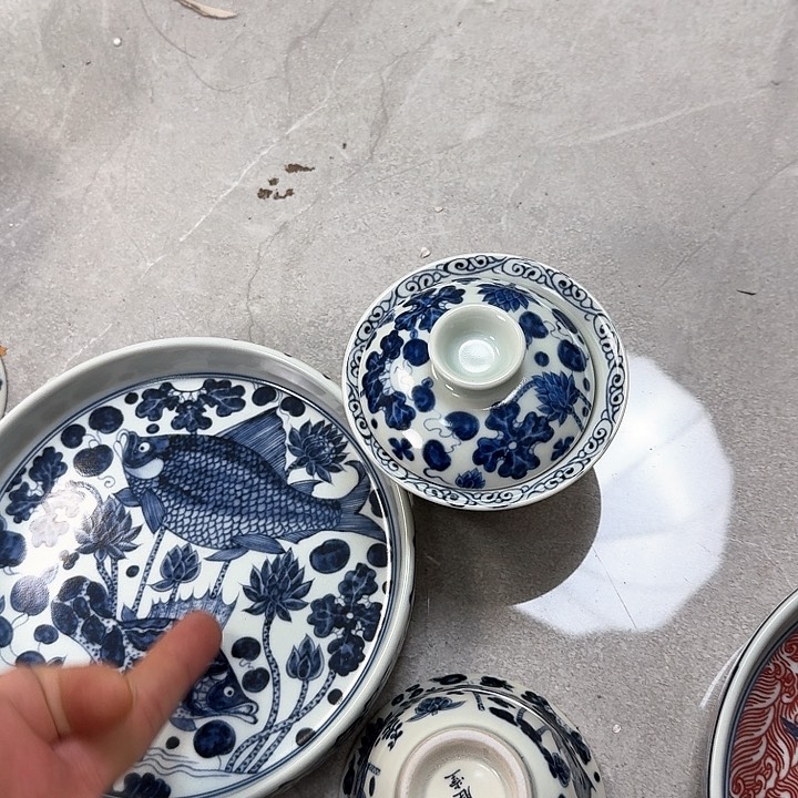 瓷片青花鱼藻4件套景德镇
