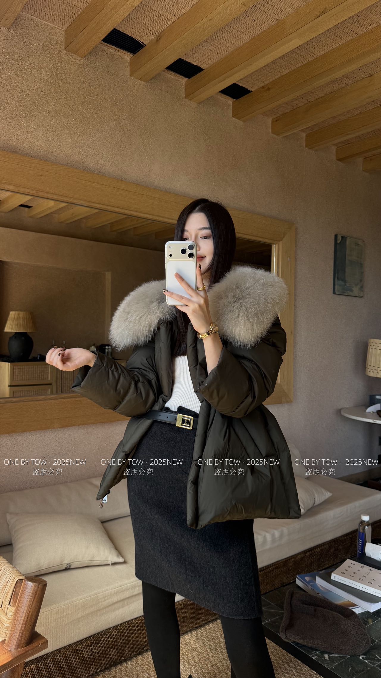 ONEBYTOW冬季狐狸毛大毛领羽羽外套加厚中长款28121