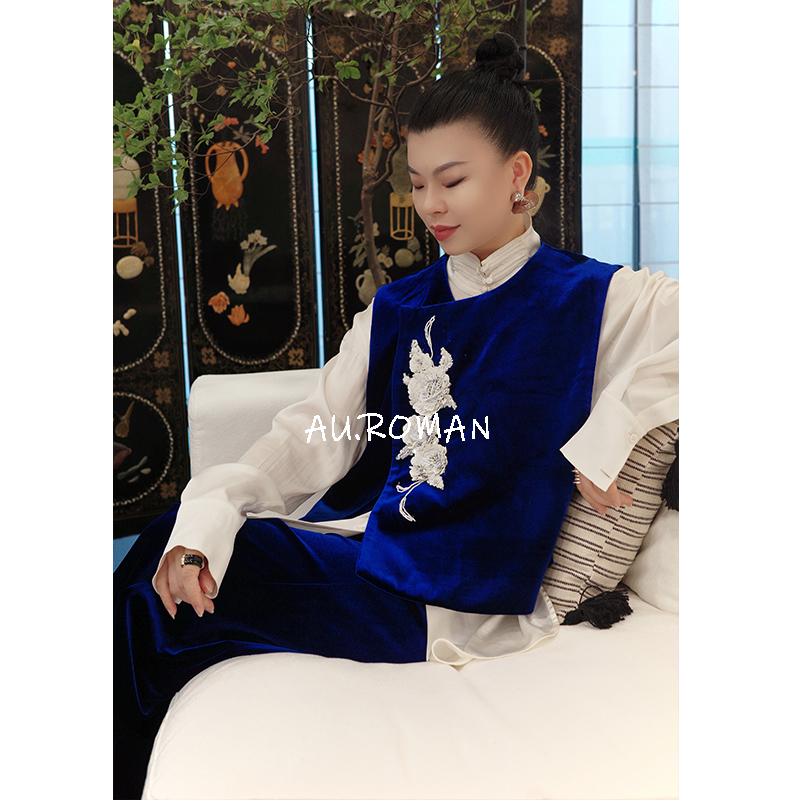 【雾蓝珠韵】重工亮片刺绣立体花朵丝绒马甲