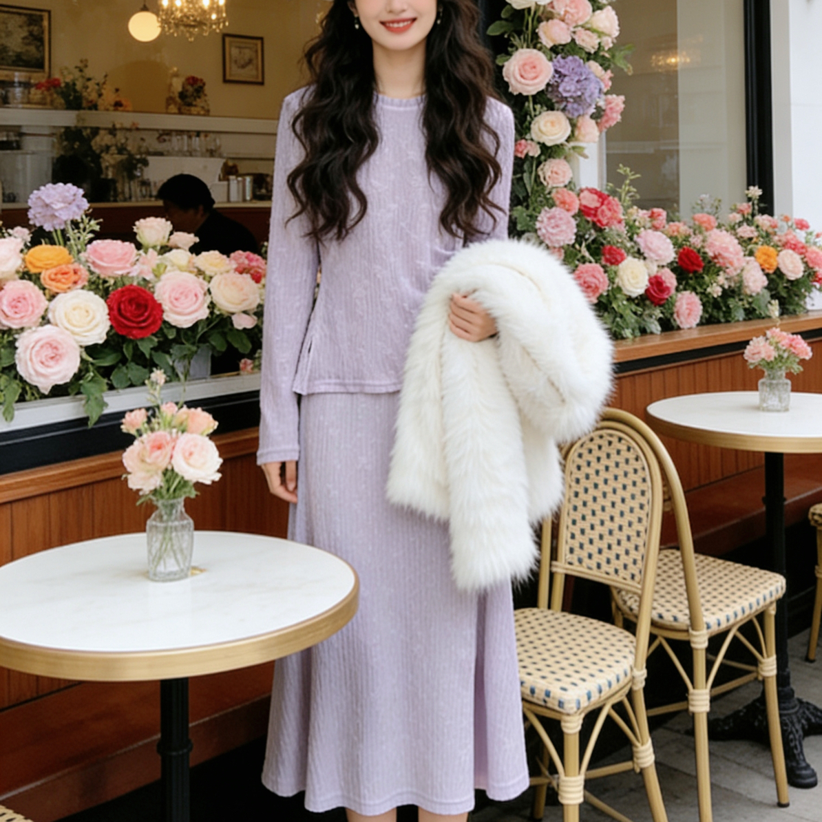 Xu.q<紫霞仙子>立体浮雕提花羊毛针织收腰气质显瘦套装