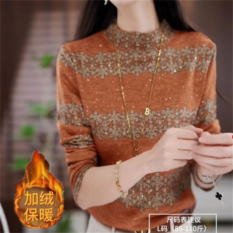 【洒银亮片】德绒保暖洋气印花长袖女装圆领秋冬套头内搭打底衫T恤