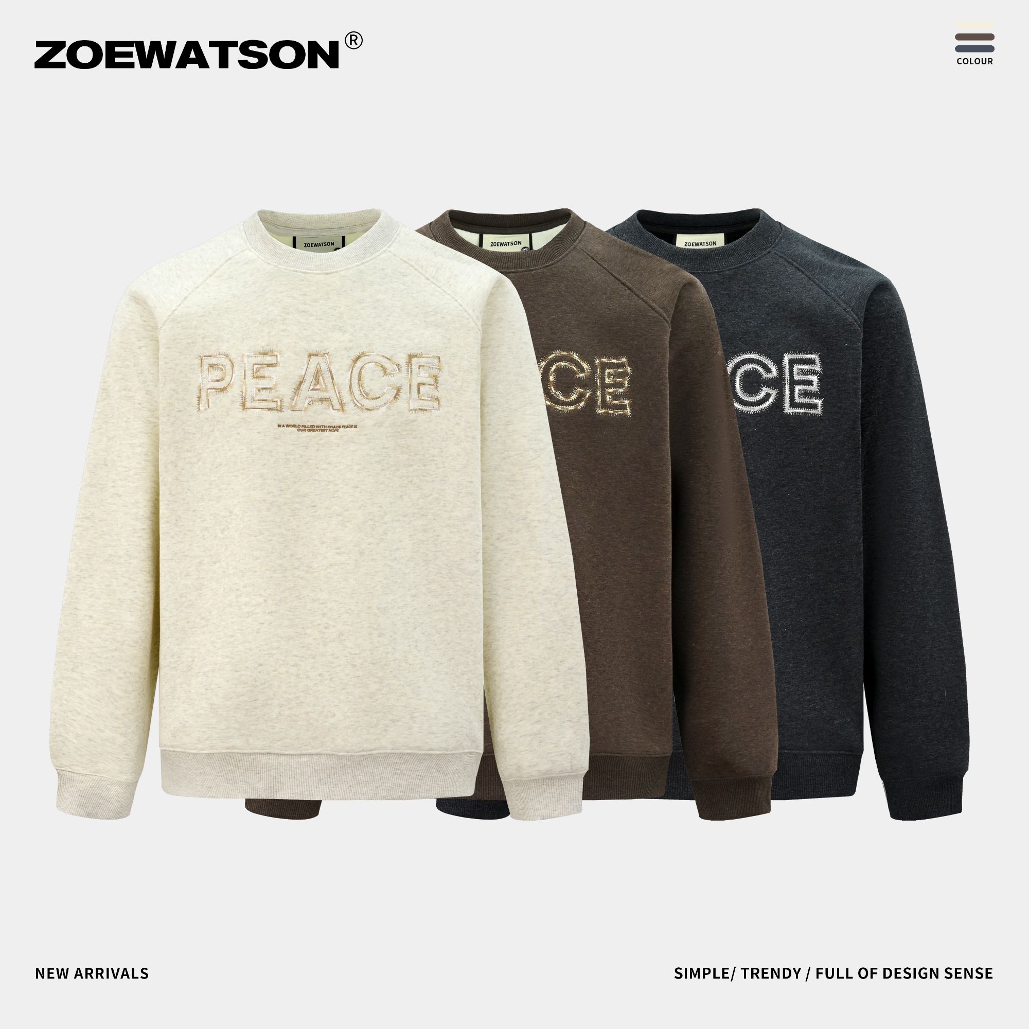 【ZOEWATSON】重磅圆领卫衣彩纱棉冬款潮牌宽松加绒刺绣内搭男Z6102