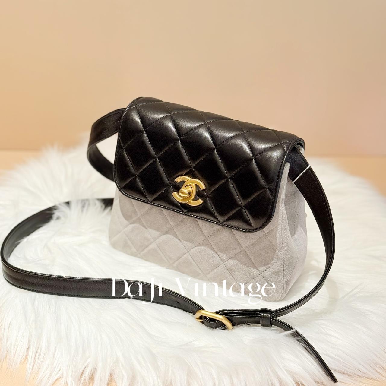 99新 Chanel/香奈儿 大吉中古香奈儿25B菱格纹拼黑色拼卡其色麂皮