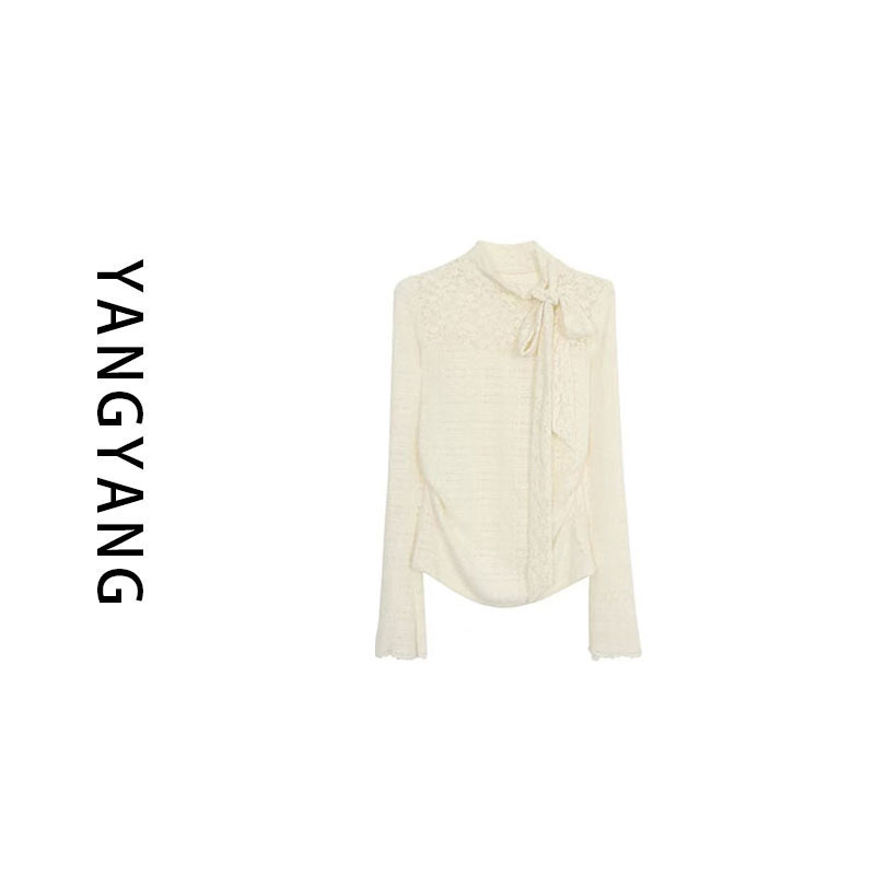 洋洋子【蕾丝打底衫】半高领蕾丝长袖法式蝴蝶结飘带修身内搭打底衫