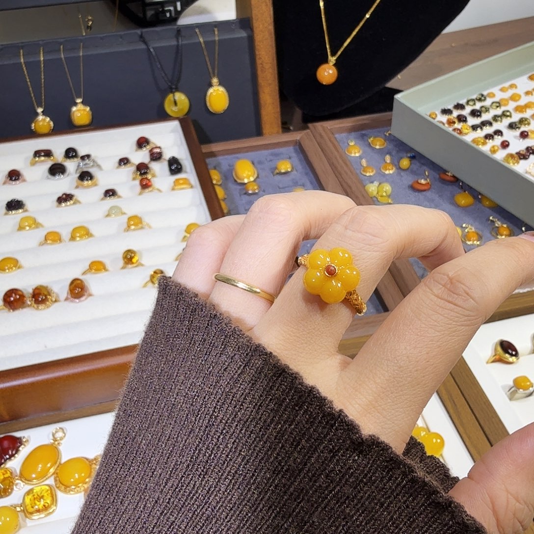 蜜蜡银S925镀金镶嵌戒指