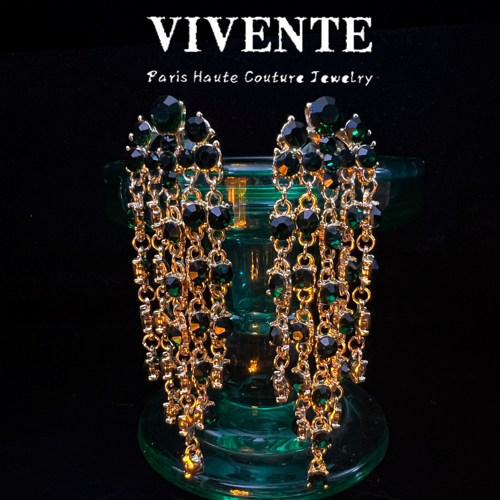 铜合金亚克力耳饰 高级满镶流苏耳饰 欧美夸张小众扫肩耳环