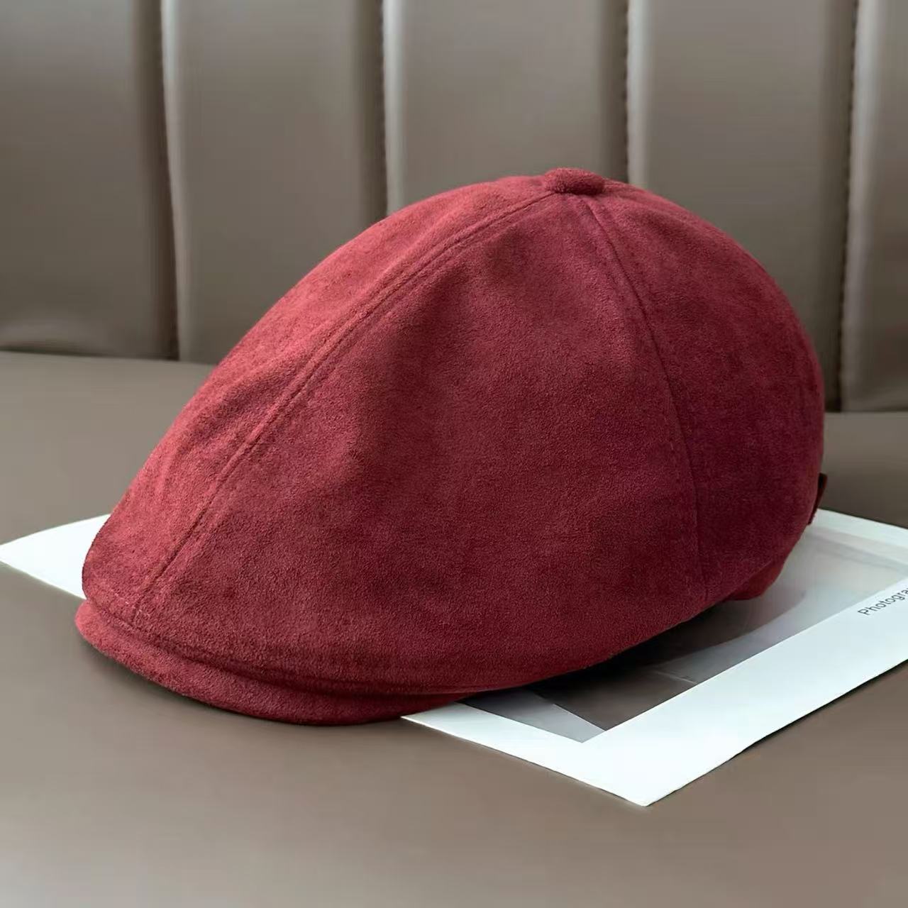 222秋冬复古麂皮绒前进帽纯色英伦风画家帽日系街头感报童帽子