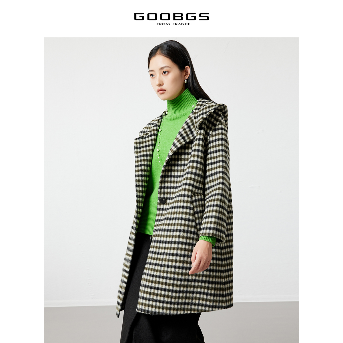 【谷邦L+】羊驼毛棋盘格长款连帽毛呢外套 G2485271