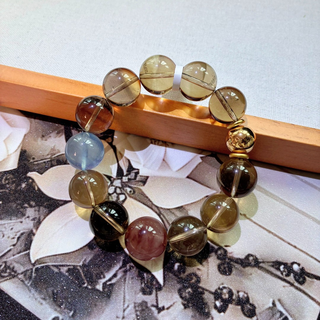 天然黄水晶搭配海蓝宝红兔毛手串