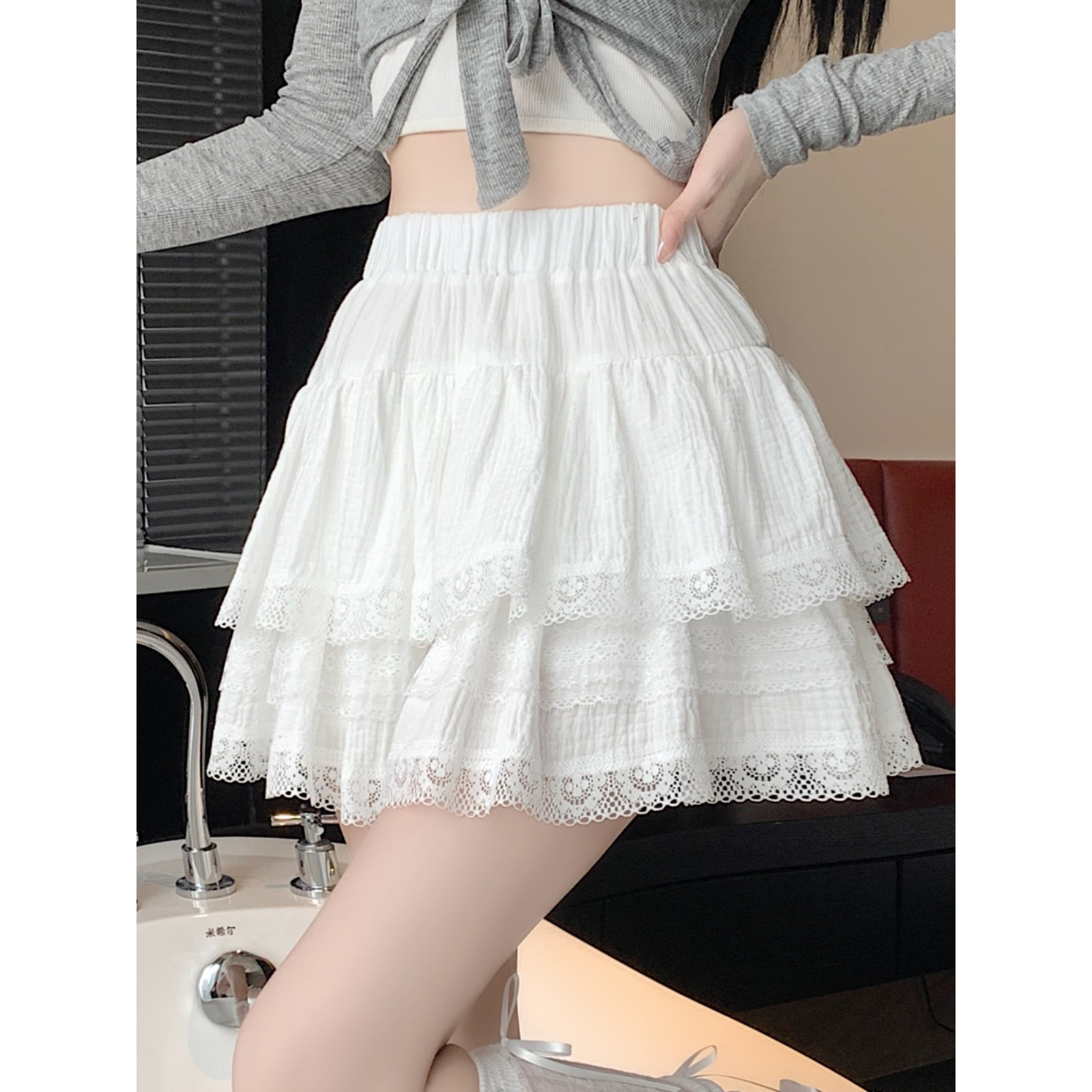 【圆圆脸】夏季新款纯欲欧若风超仙蓬蓬裙高腰显瘦蕾丝蛋糕A字裙女