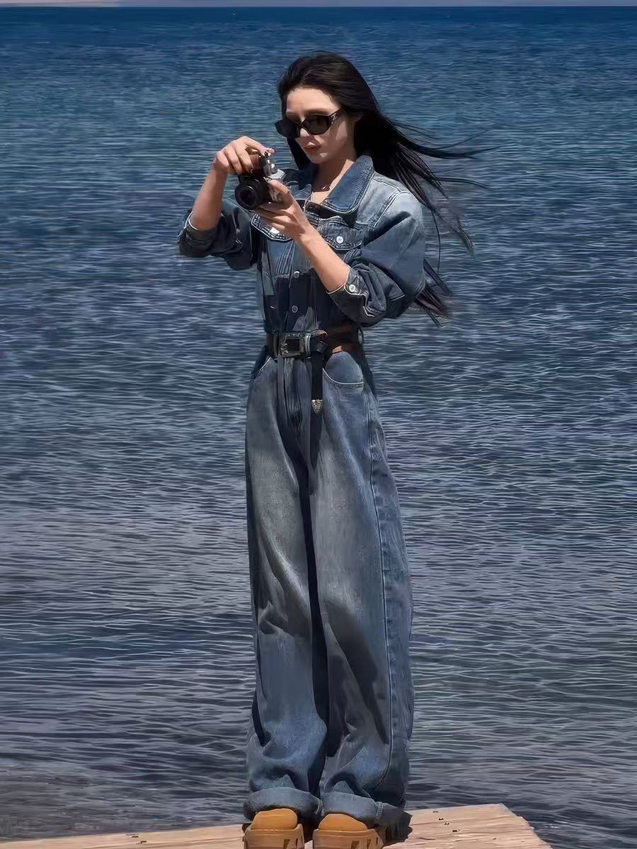 美式复古连体裤时尚Polo领长袖宽松显瘦百搭牛仔连体裤女AM25386