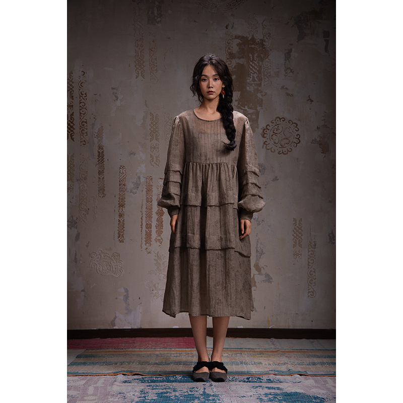 【月夜银霜】灰色心动限定色炒色提花廓形宽松民族暗黑连衣裙