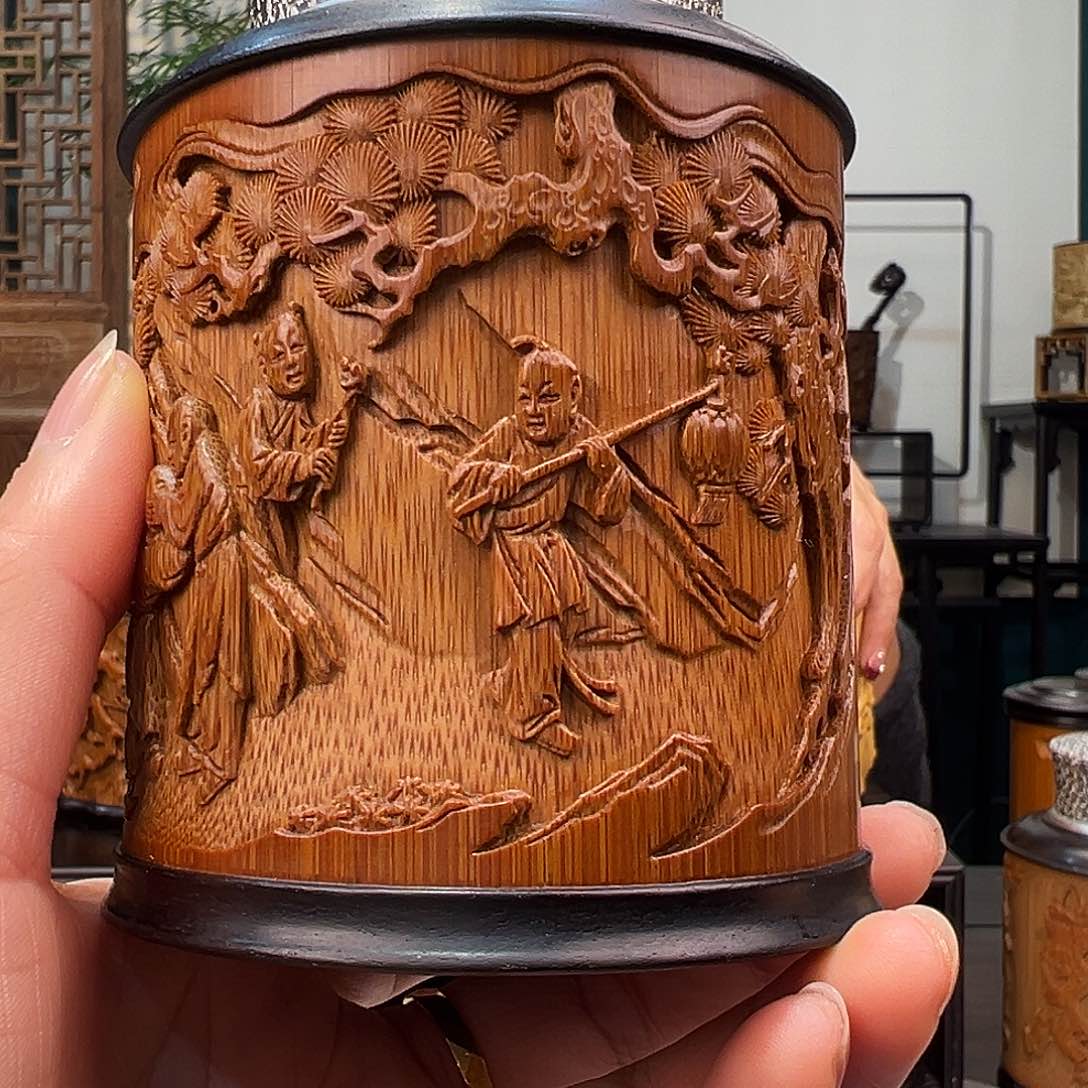 竹迎春图茶叶罐竹