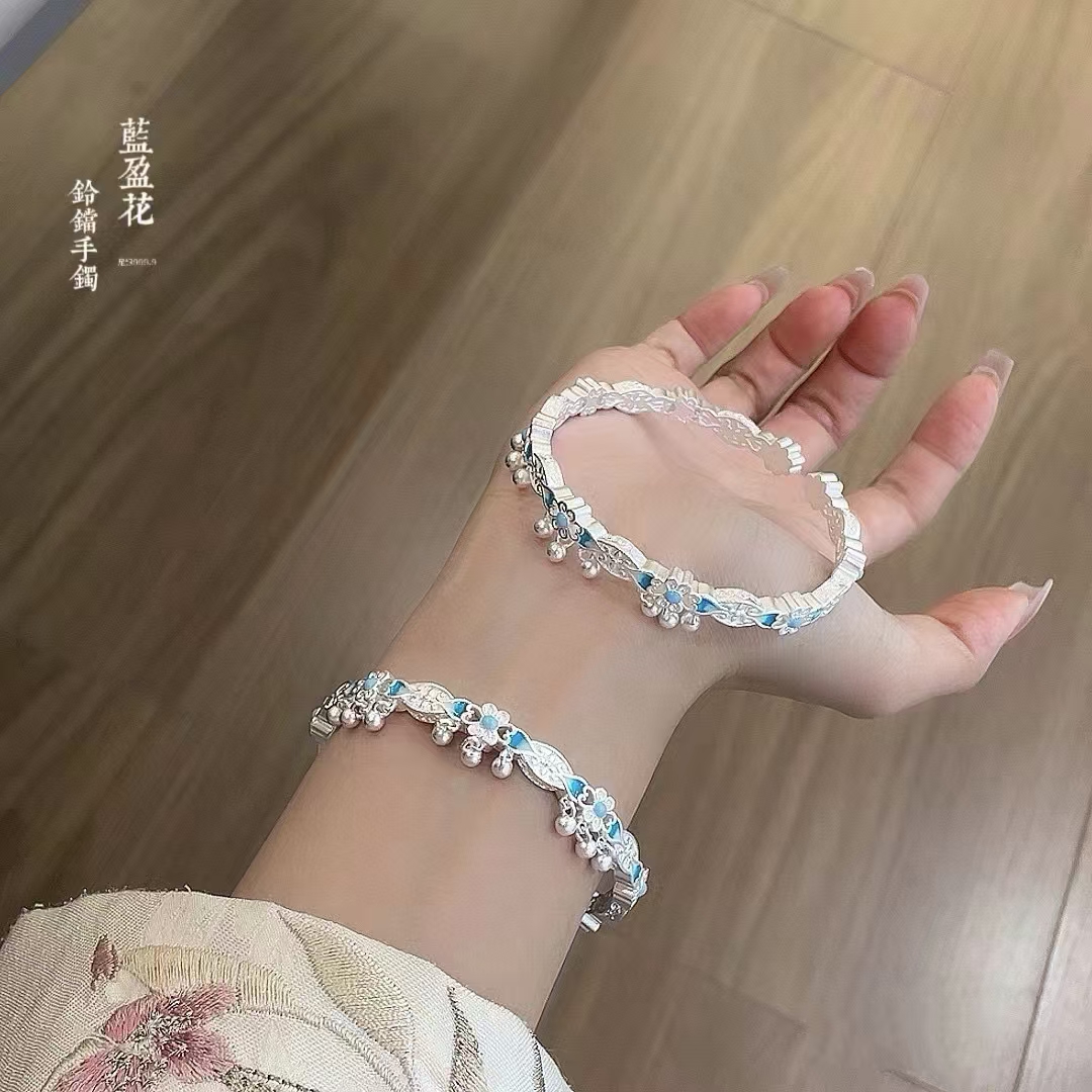 足银珐琅手镯 蓝盈花足银999.9手镯古法传承铃铛气质礼物高级感