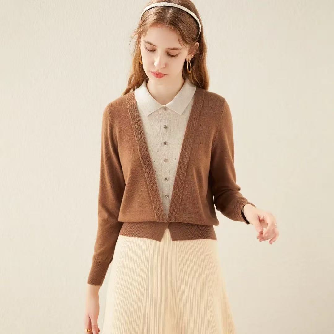 【100羊毛】秋冬小衫打底百搭时尚高品质针织羊毛假两件开衫