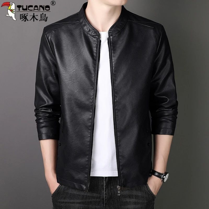 啄木鸟秋冬新款皮衣男士商务休闲立领皮夹克加绒加厚时尚潮流外套