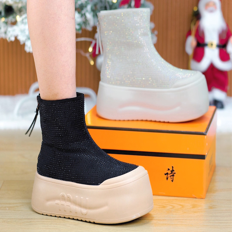  【加绒】8cm满天星水钻显瘦厚底短靴女2025冬新款百搭增高休闲鞋