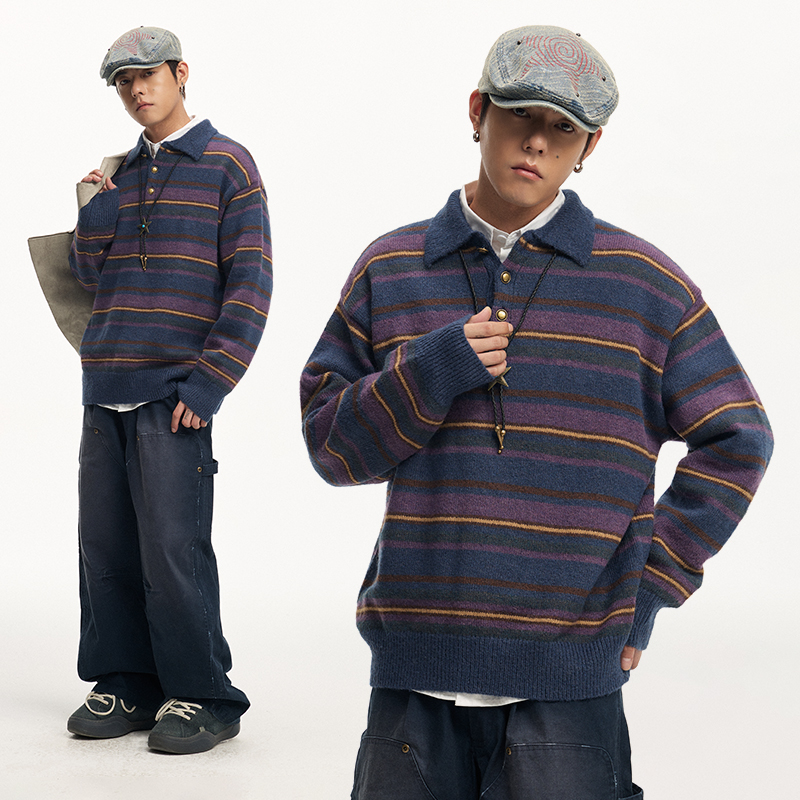 CoosRetro 冬季男士新款老钱风polo领条纹休闲宽松慵懒感针织毛衣