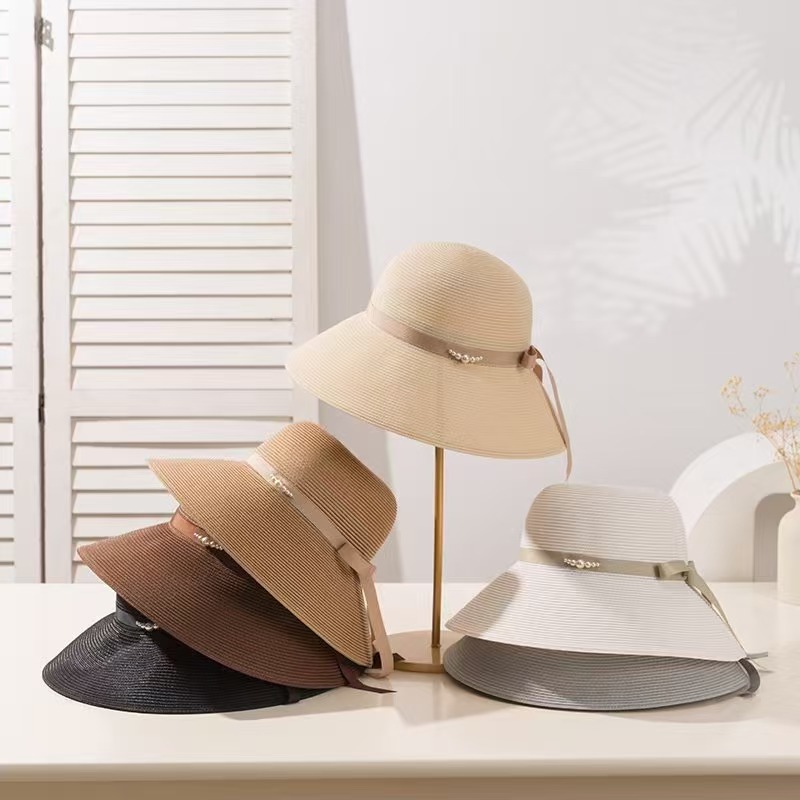 春夏款大檐冰丝编织渔夫帽遮阳帽轻薄防紫外线可折叠女款花海