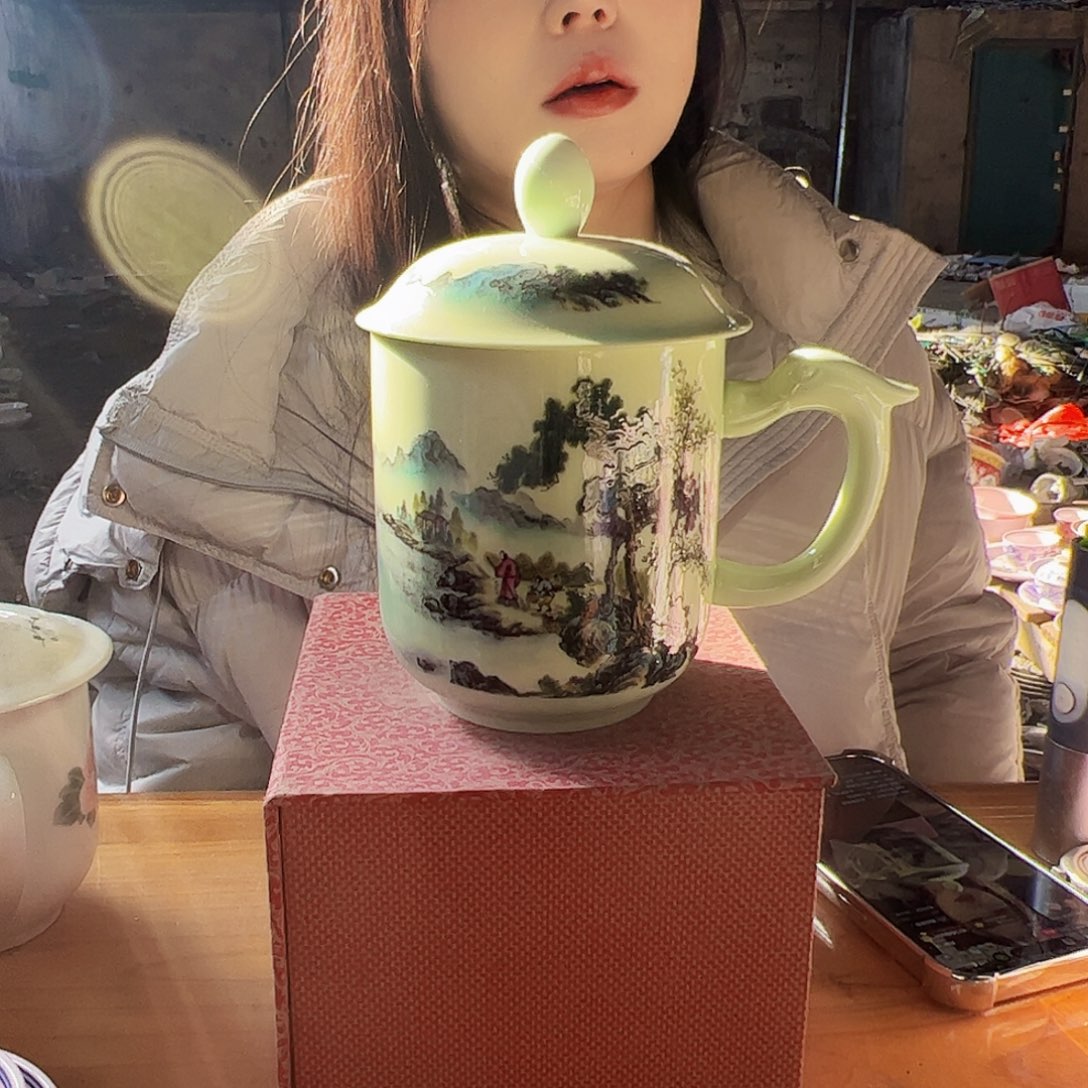 摆件陶景德镇绿xixi山水办公杯