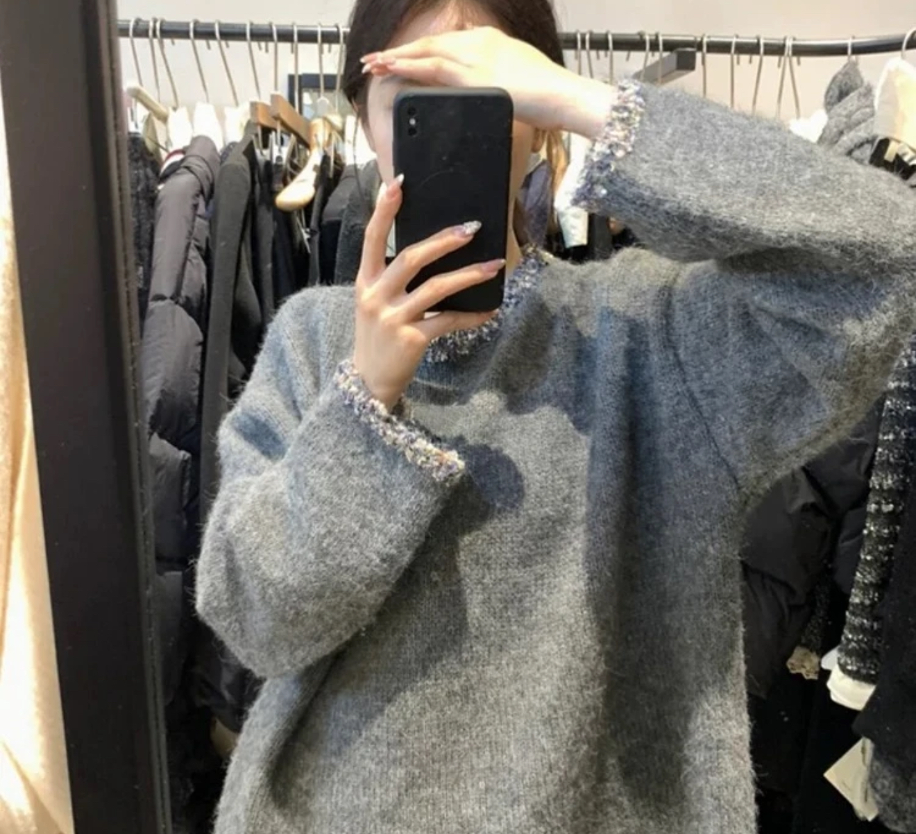 小香风毛蕊花灰色软糯套头宽松高级感外穿针织上衣9811