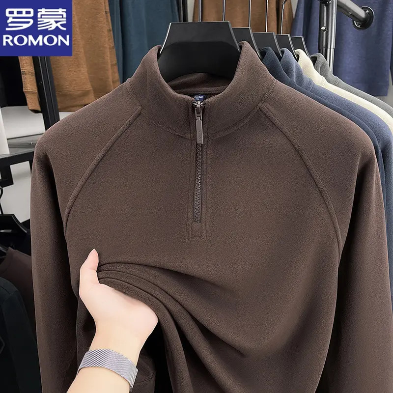 罗蒙奥粒绒加厚卫衣秋冬中年男士含羊毛长袖t恤半拉链立领打底衫