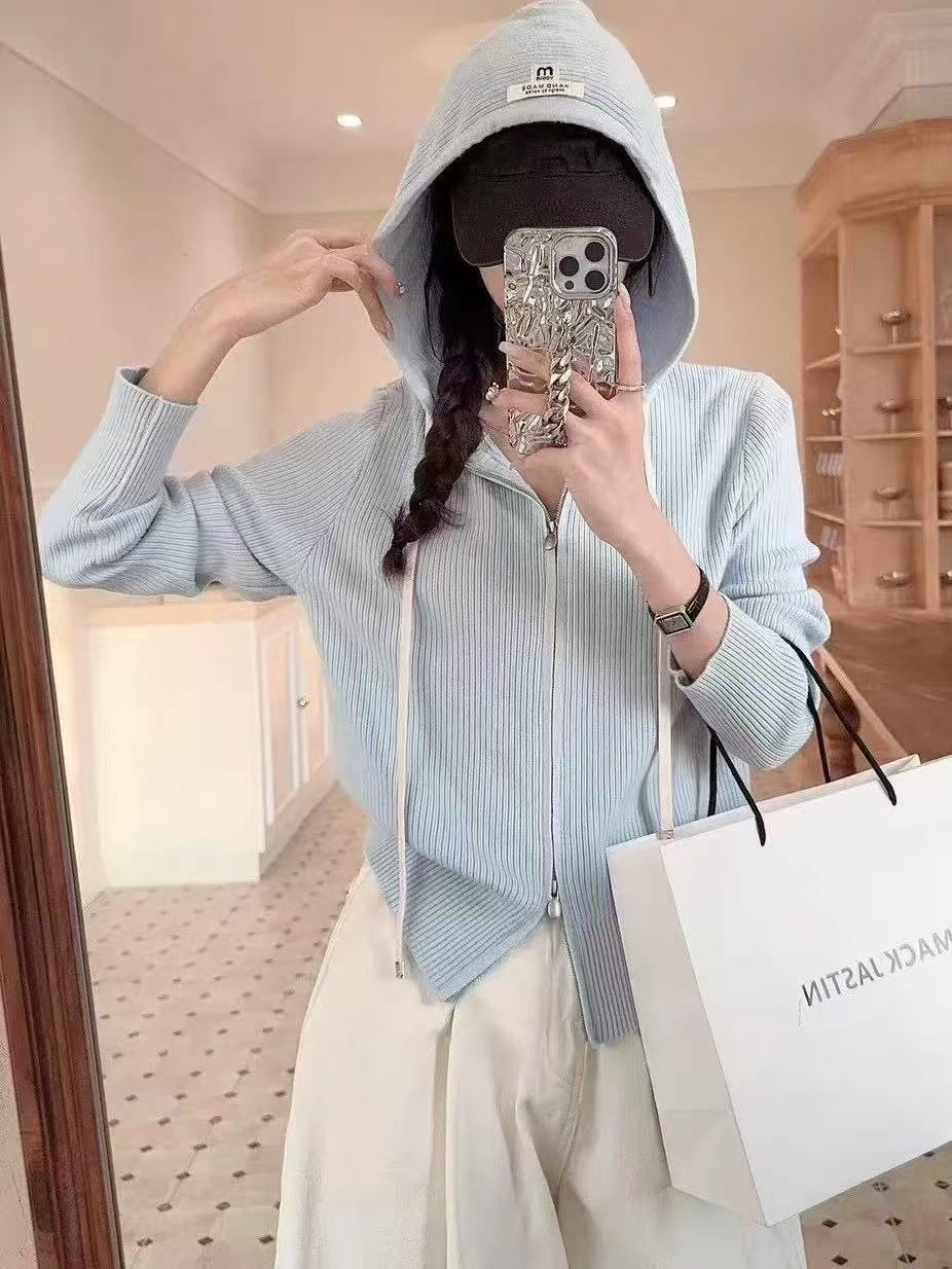 彩色拉链款针织帽衫