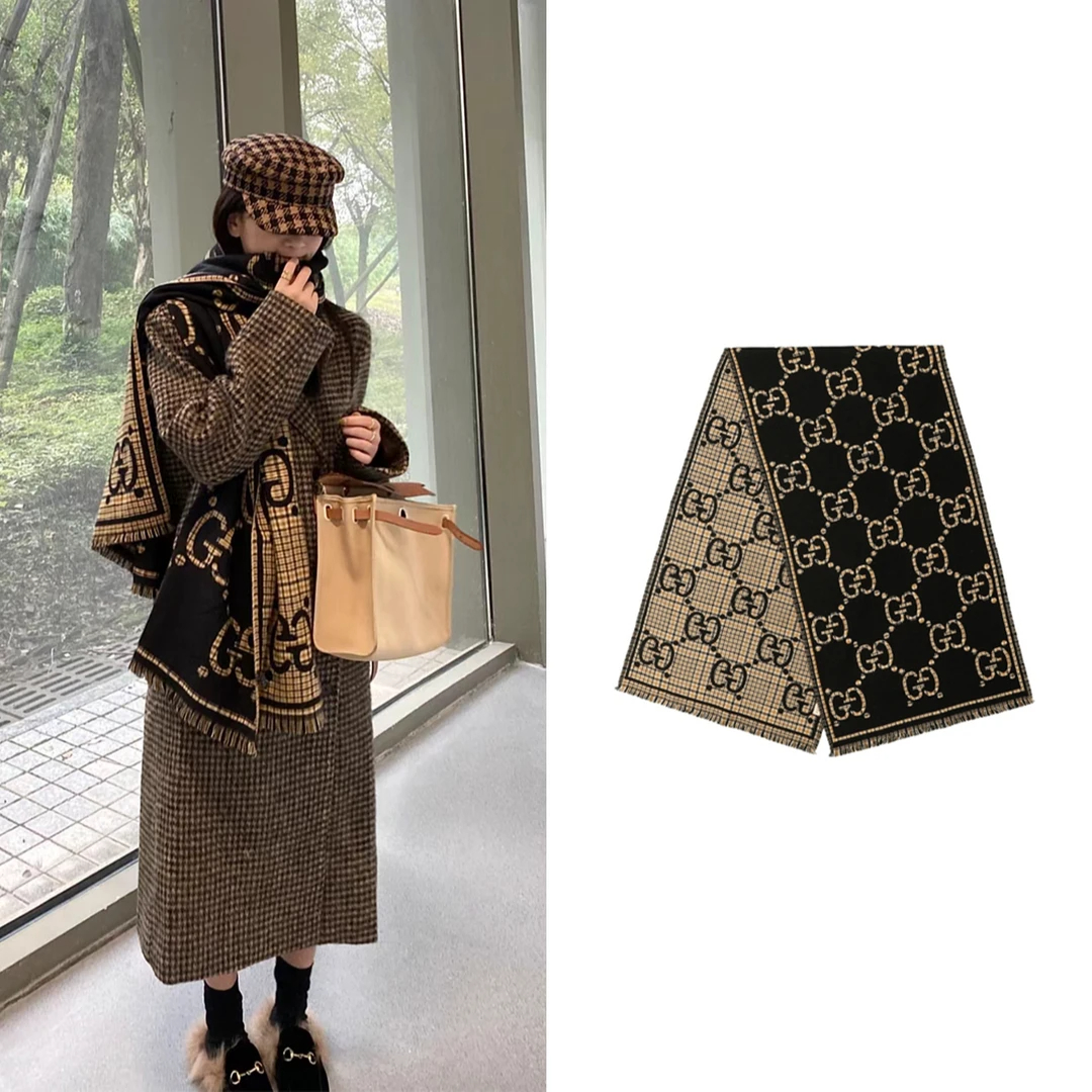 GUCCI古驰 经典老花GG羊毛双面提花 绒线围巾 男女同款情侣款