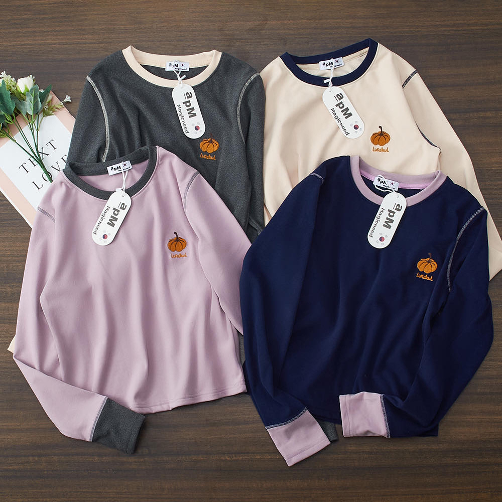 2025年秋季新款时尚圆领撞色领小南瓜刺绣长袖T恤打底衫上衣