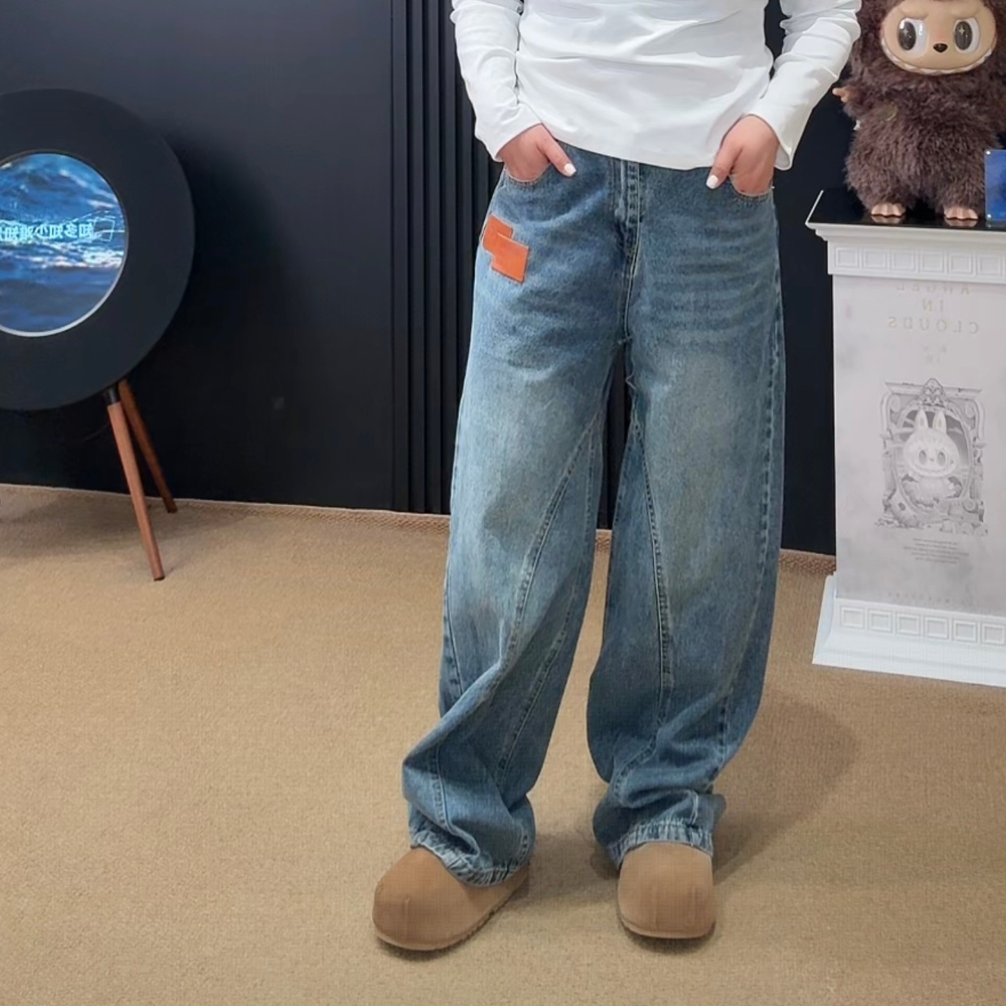 「涵涵家」复古水洗皮标窄版显瘦牛仔裤女#963
