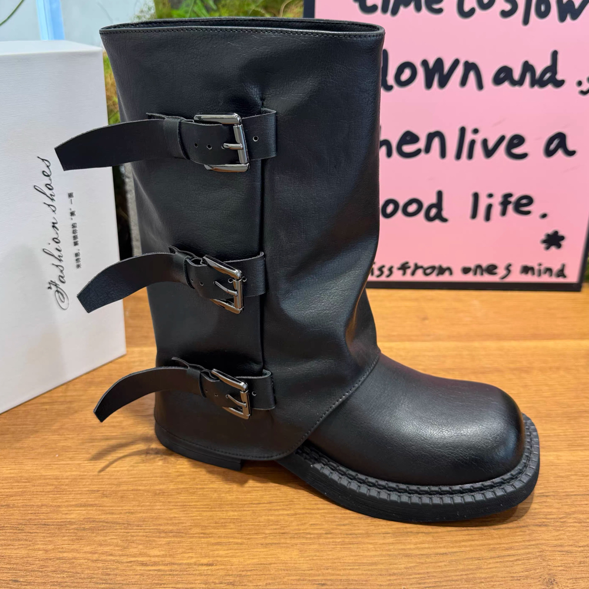新款 4.5cm增高皮带扣裤管靴女2025秋冬百搭中筒堆堆骑士靴短靴