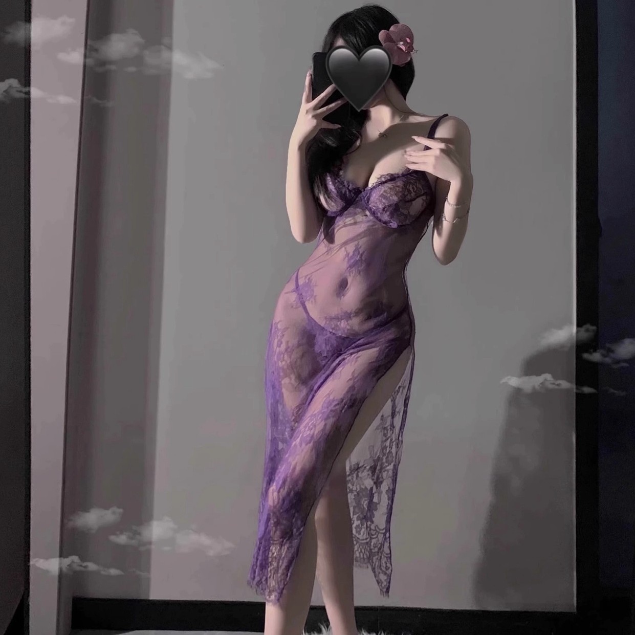 幻魅【80-120】性感紫色吊带蕾丝开叉小胸战袍长裙睡裙5239