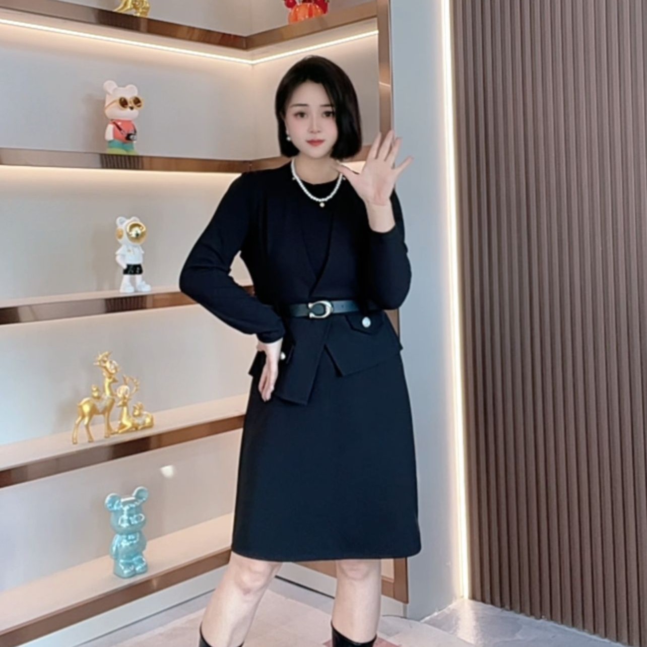 大码女装春季新款两件套收腰显瘦V领连衣裙搭配高弹打底衫中长裙
