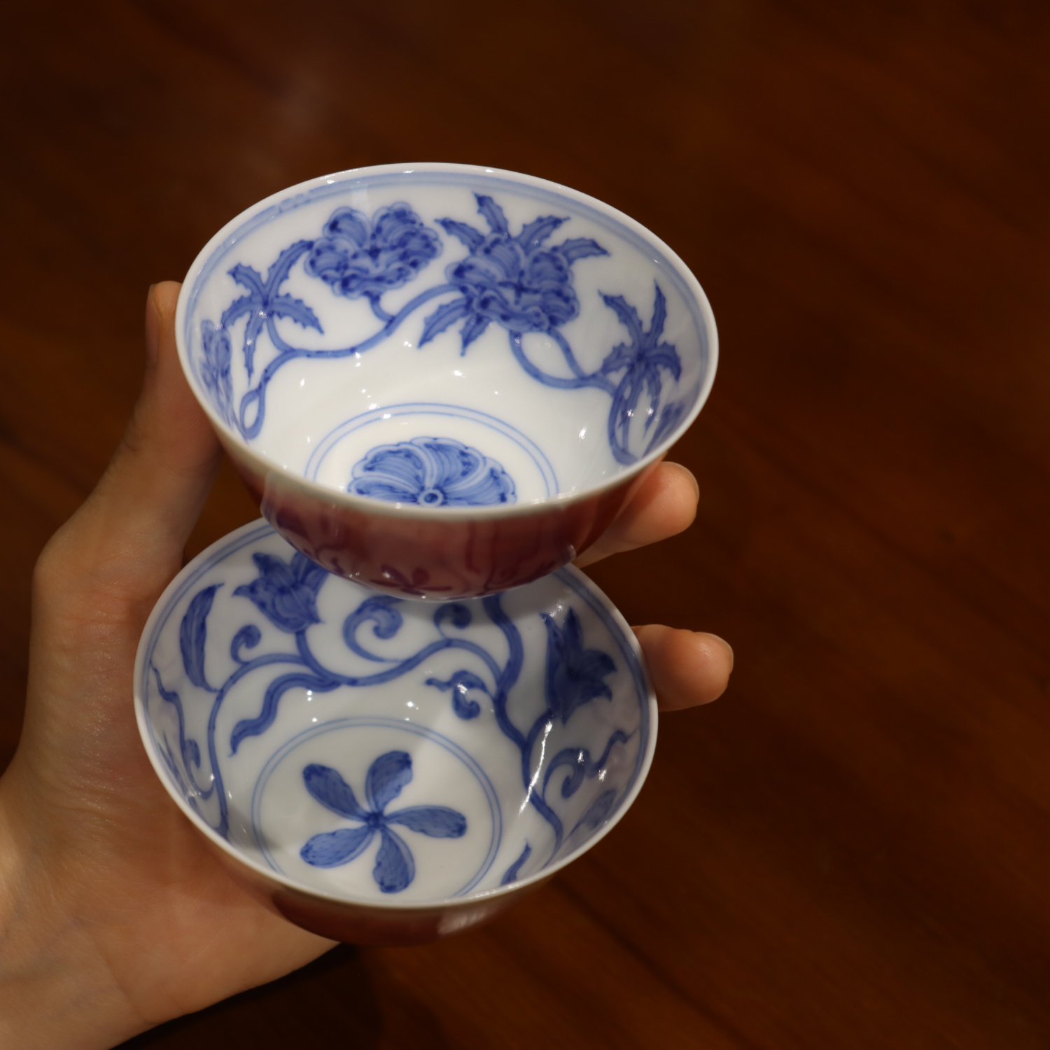 【柴窑】微瑕 景德镇手工手绘青花缠枝花卉主人杯 高温颜色釉祭红