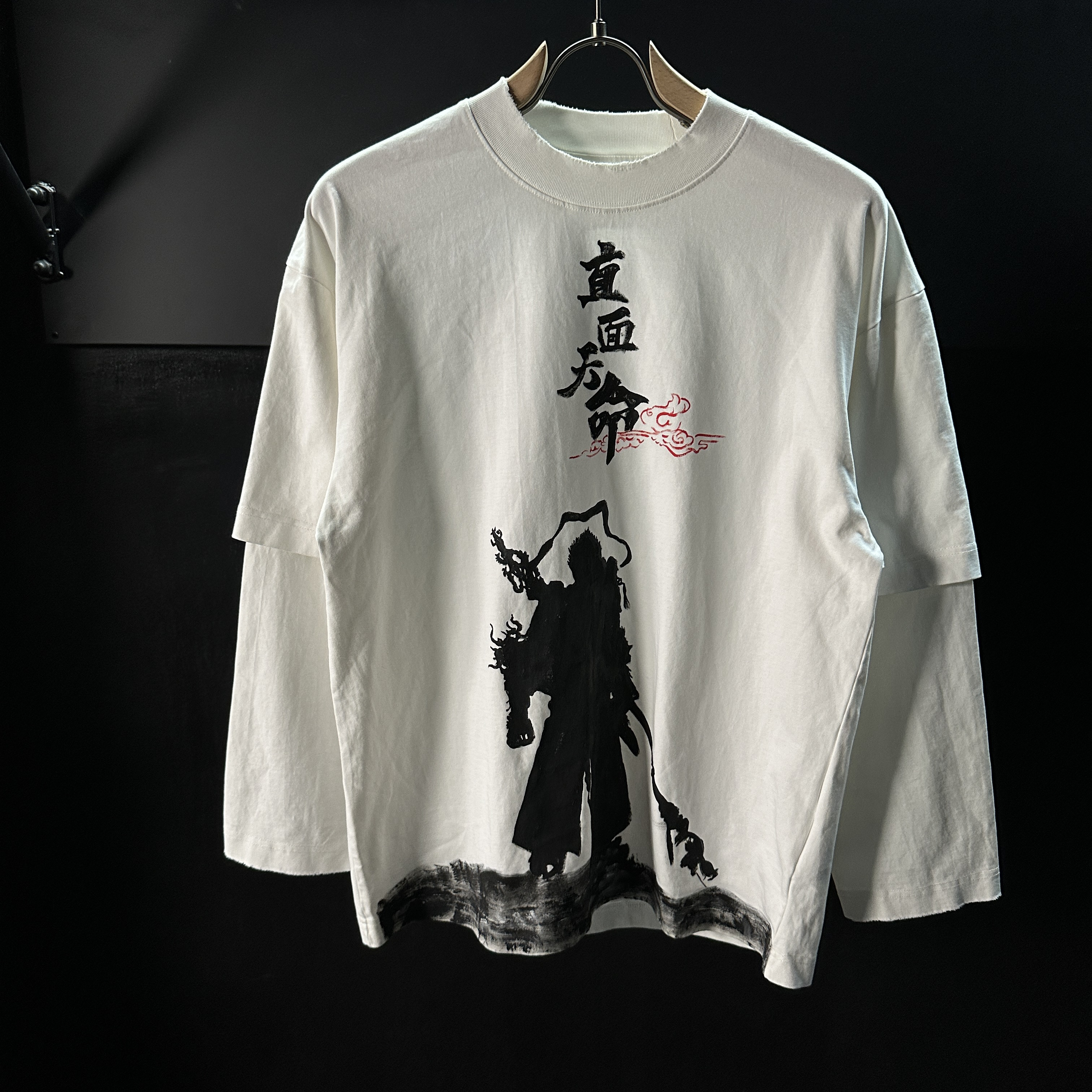 孤品专享手绘黑悟空天命重磅水洗做旧长袖T恤潮男女上衣