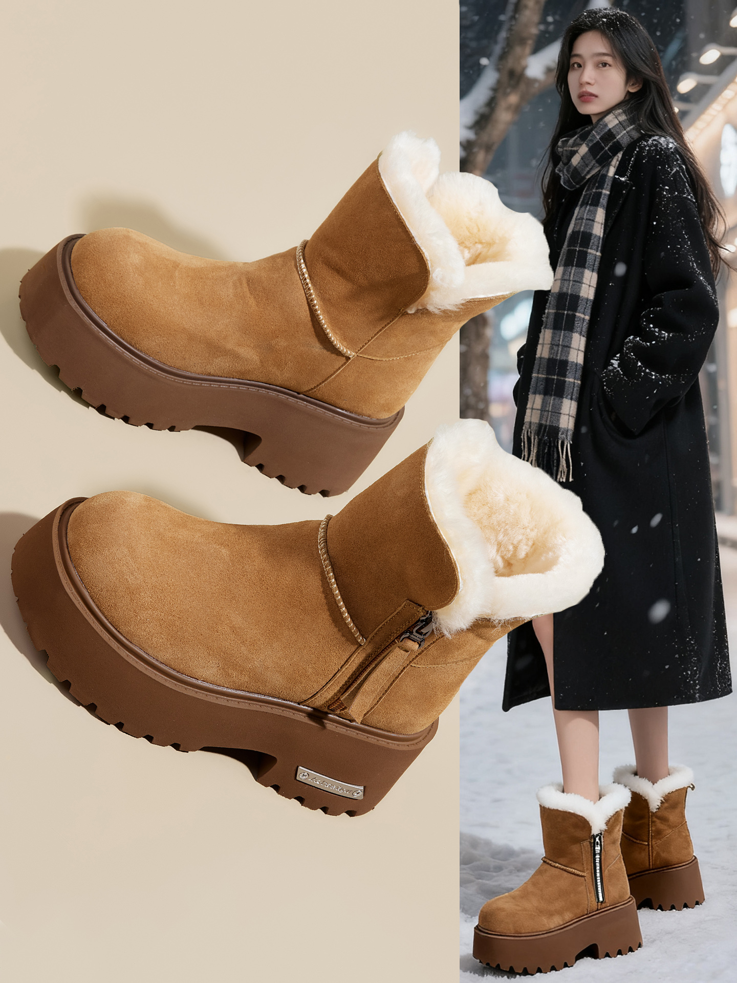 防滑厚底雪地靴女2005冬新款增高轻便时尚侧拉链加厚保暖棉鞋