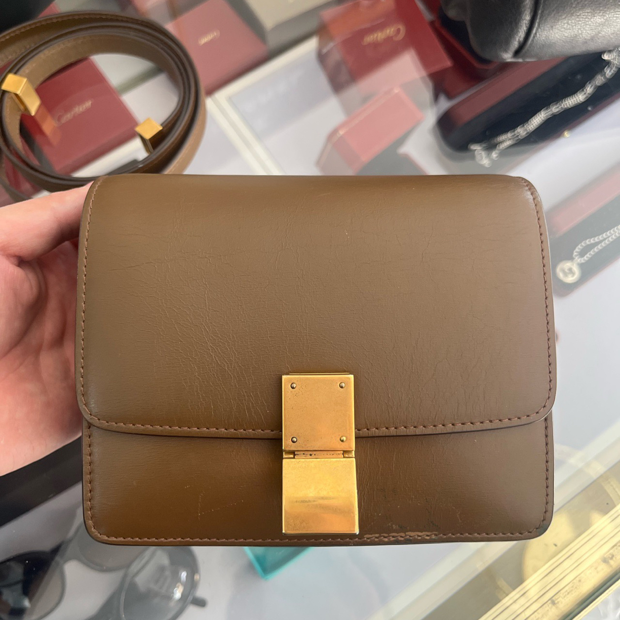 95新 Celine/思琳 思琳box mini豆腐包焦糖色金棕斜挎包