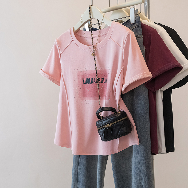 大码女装2025夏季新款时尚休闲舒适宽松烫钻印花T恤短袖上衣1831