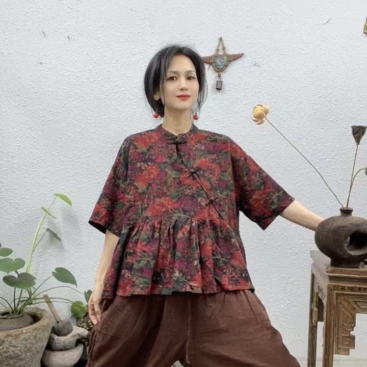 3070紫红花右斜襟盘扣色织麻娃娃衫上衣（长58胸围130