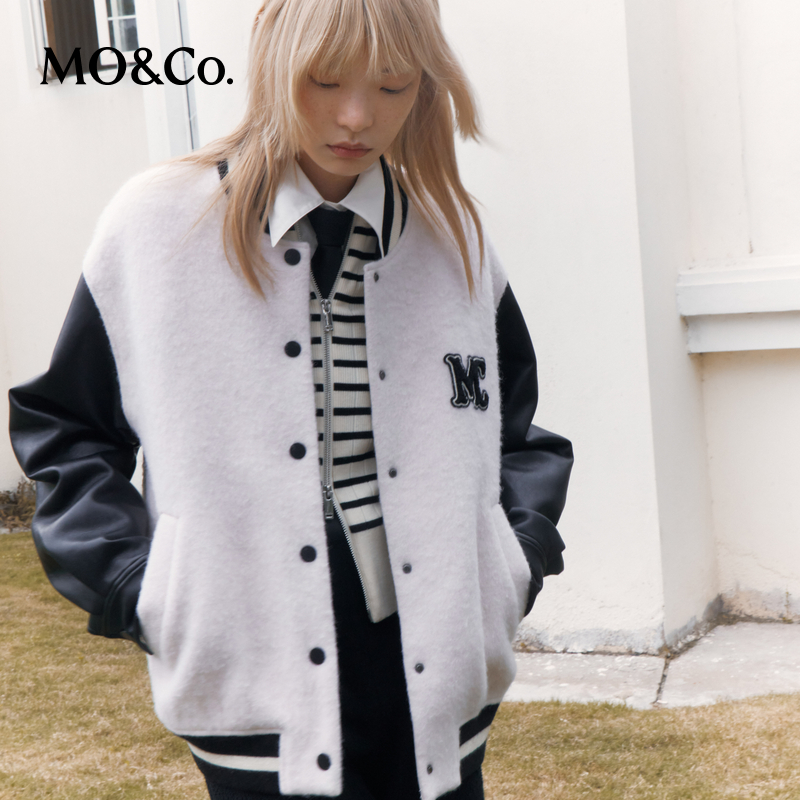 【赵老板专属】MOCO秋冬素皮拼接绵羊毛毛绒棒球服外套MBC4COT036