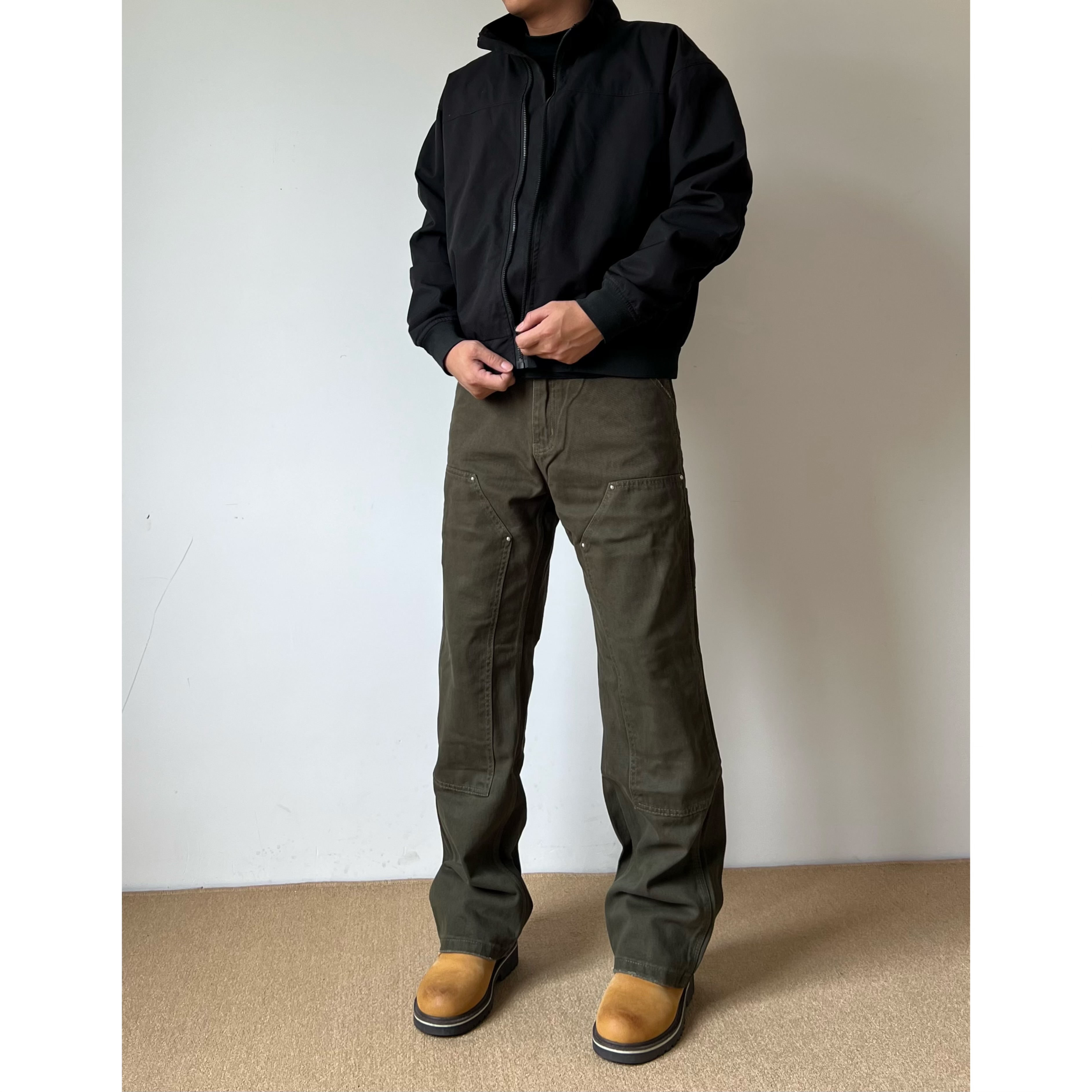 黑熊美式“苔藓绿”伐木裤复古男高街vibe工装裤直筒修身牛仔裤0055