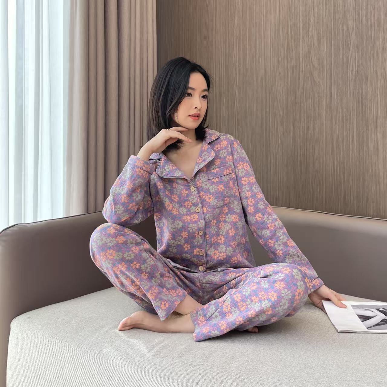 女士色织提花双层纱睡衣长袖纯棉纱布宽松显瘦家居服套装春秋