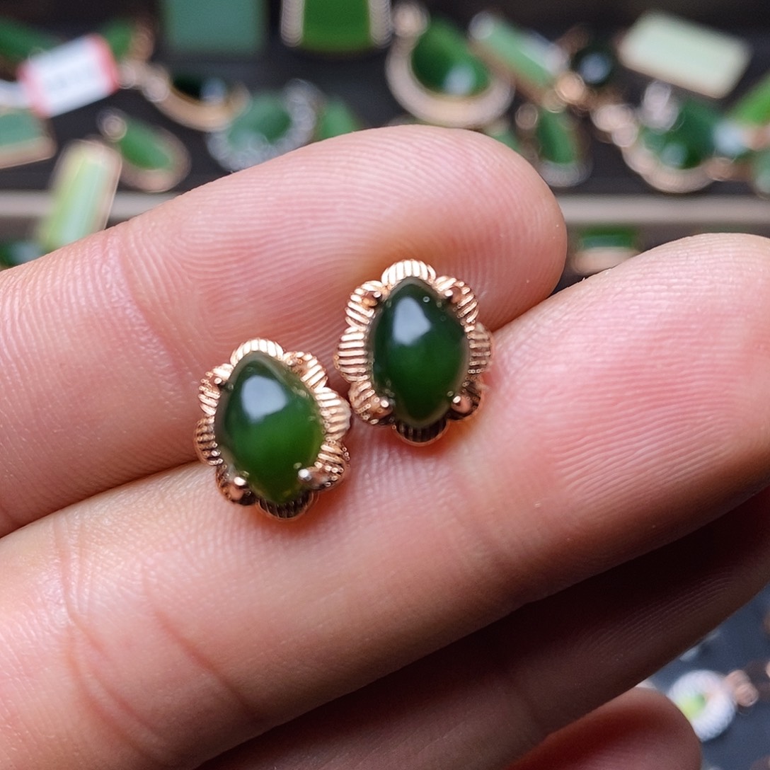 和田玉（碧玉）耳饰银S925镶嵌