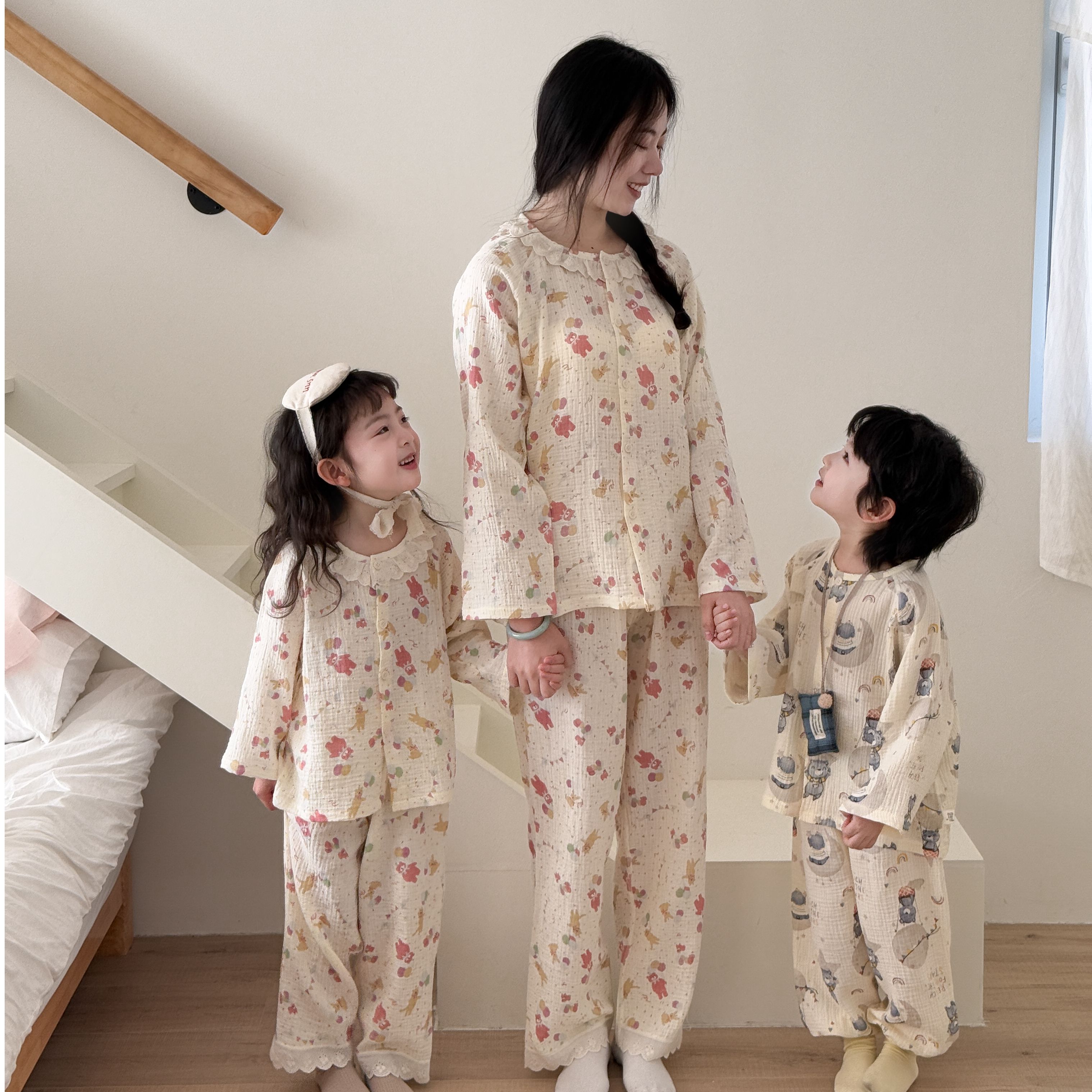 【亲子装】2025男女童家居九分袖纯棉双层棉纱花边儿童春秋家居套装