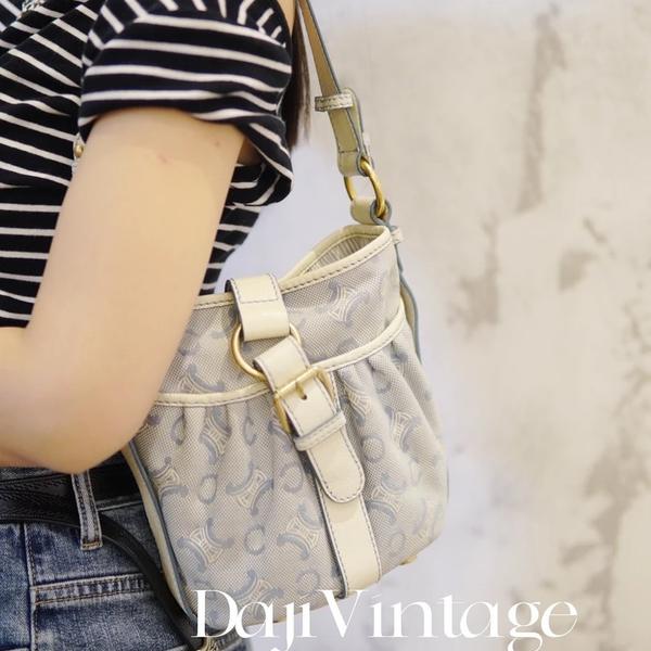 95新 Celine/思琳 大吉中古sz/Celine浅蓝色帆布拼皮单肩包