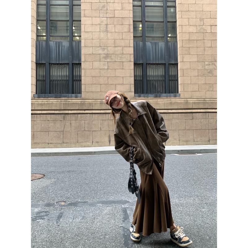 小君君布兰妮 重工做旧美式甜酷复古夹克皮衣女秋装新款长短外套