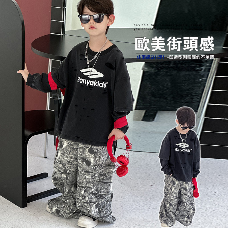 in 爱:qm25秋季韩版儿童炒色破洞卫衣男童潮牌做旧百搭卫衣25302
