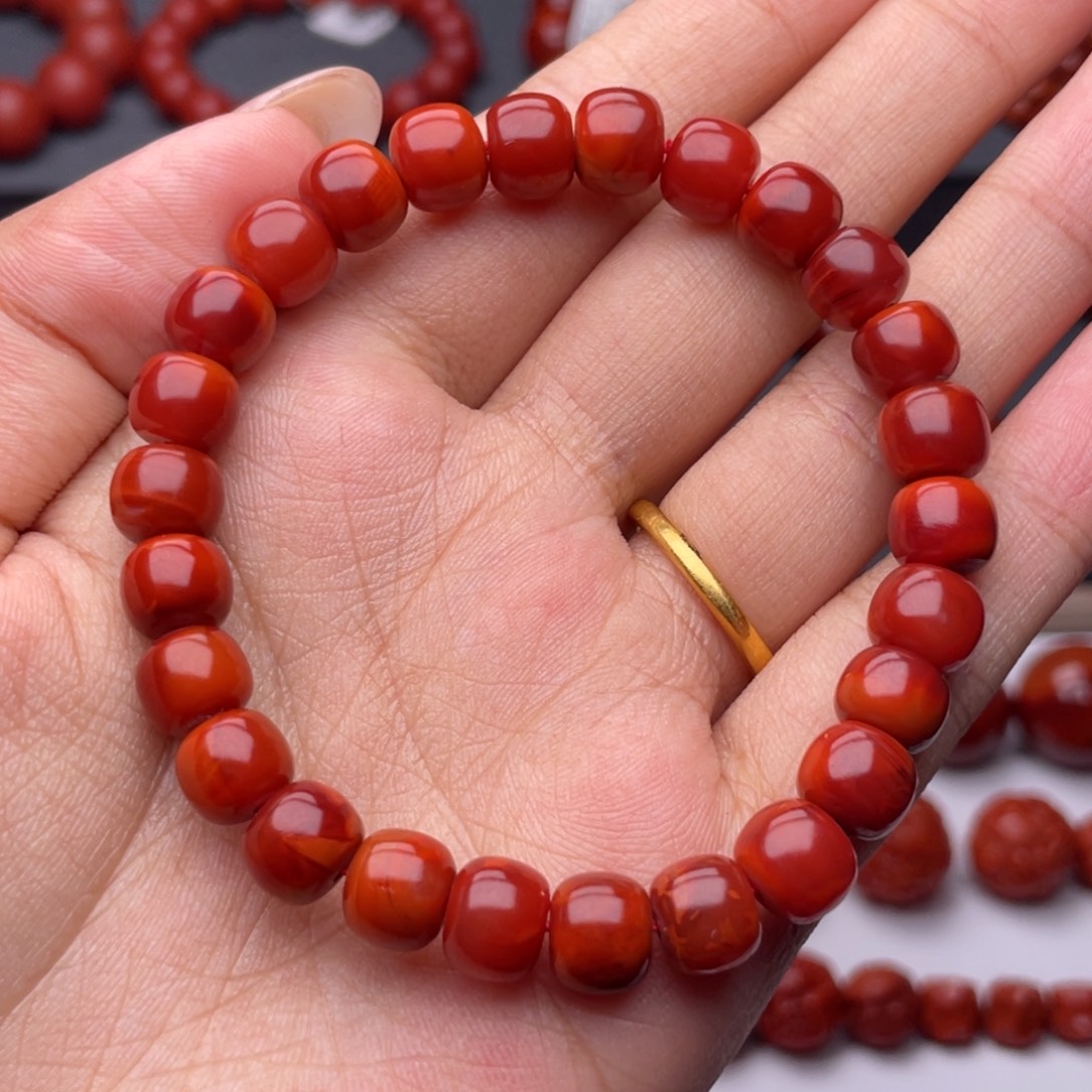 节***龙南红玛瑙未镶嵌手串Y8.6mm柿子牛血双色老型手串（原矿）