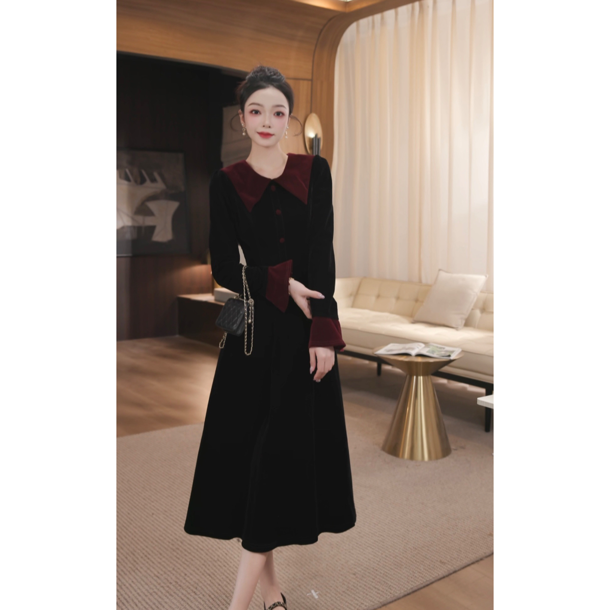 WWR 米粒-【丝绒奶芙】高腰红领拼接设计丝绒显瘦连衣裙-BV611Q